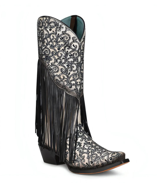 Corral Women's Boots White / Black Lamb Overlay with Embroidery & Fringe