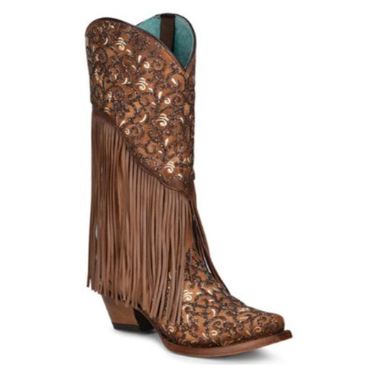 CORRAL WOMEN'S HONEY LAMB OVERLAY EMBROIDERED & FRINGE WESTERN TALL BOOT