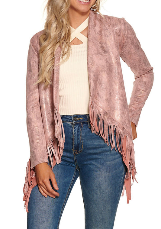 Rock&Roll Denim Pink Snake Print and Fringe Jacket