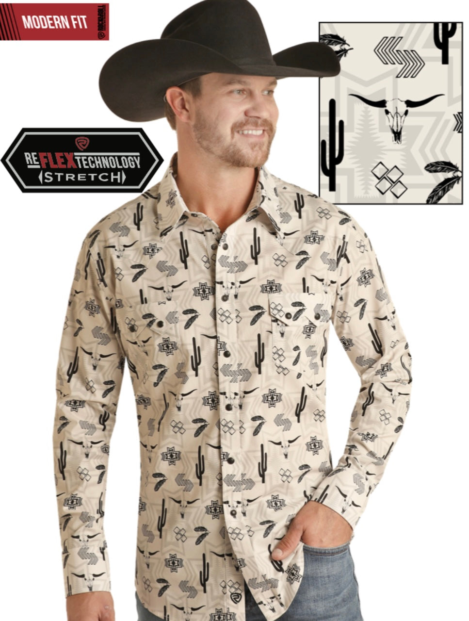 Men’s Rock&Roll Denim Natural Poplin Aztec Print Snap Shirt